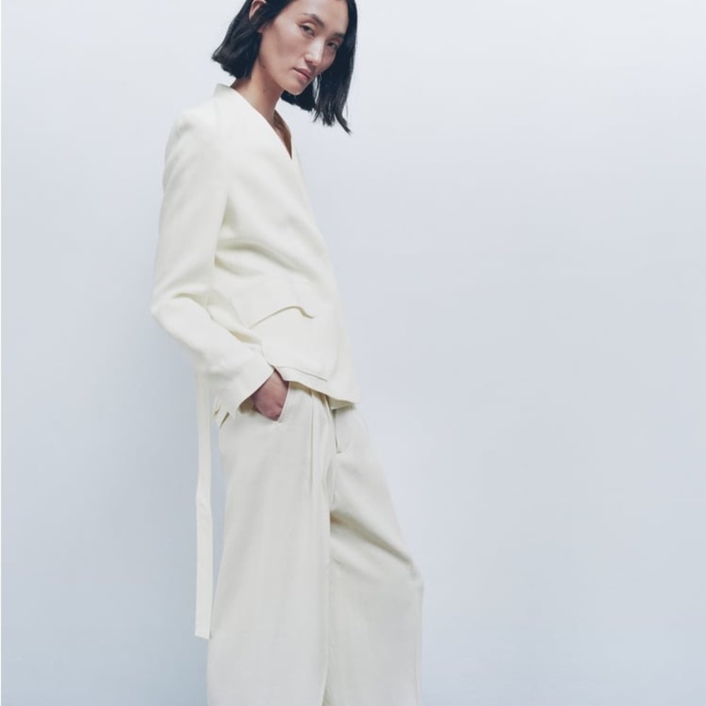 Zara nwt linen jacket blazer casual with waist tie belt - Picture 10 of 14